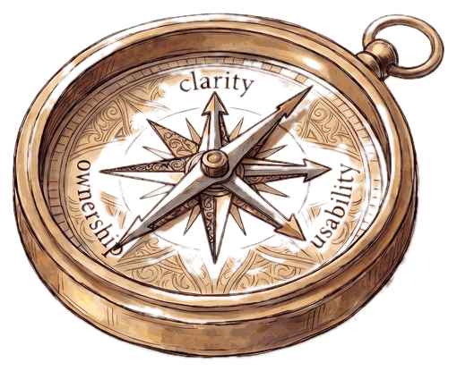 A compass whose points read clarity, usability, and ownership